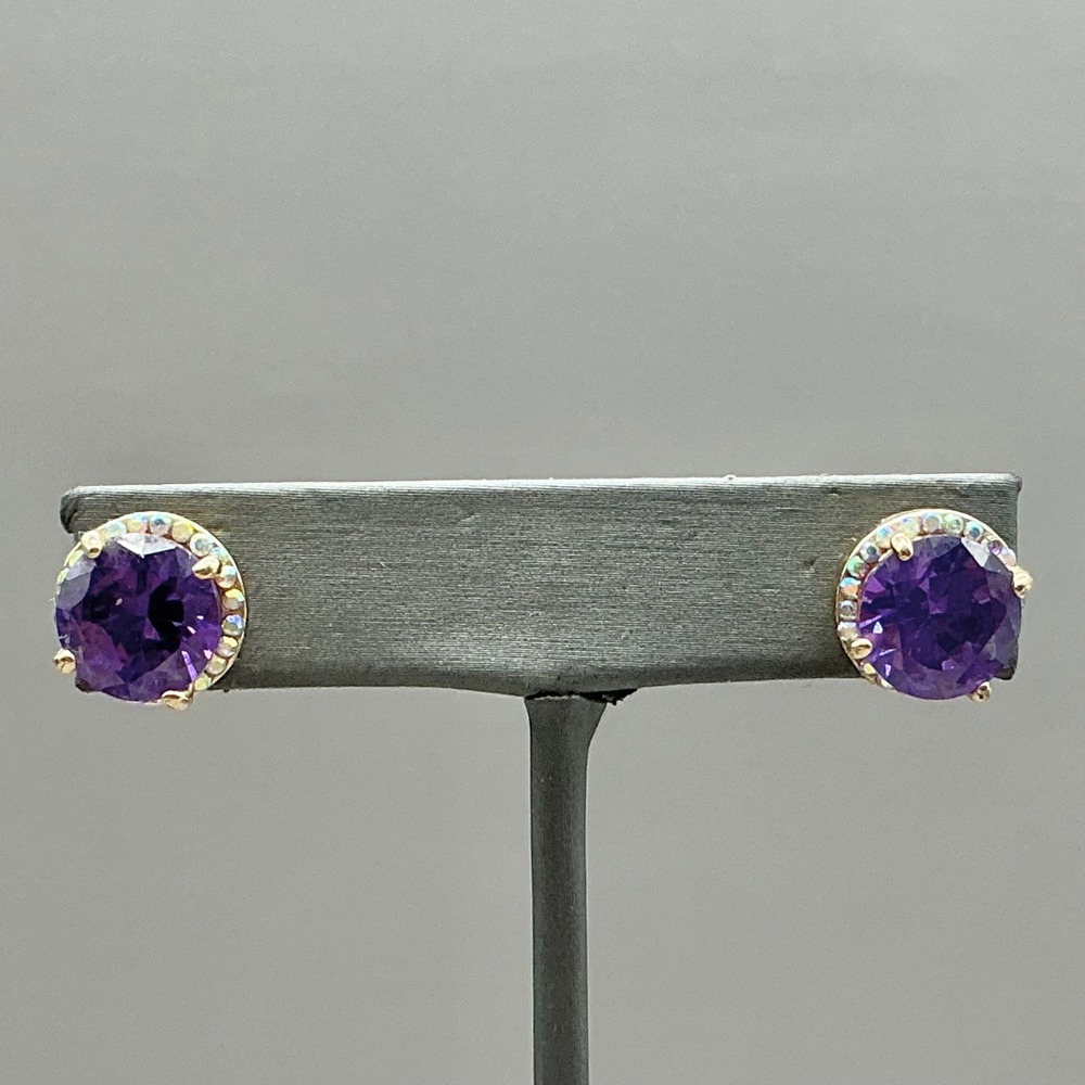 Round Stud Earrings Women Purple Gold Tone Halo Crystal Accents Fashion Jewelry
